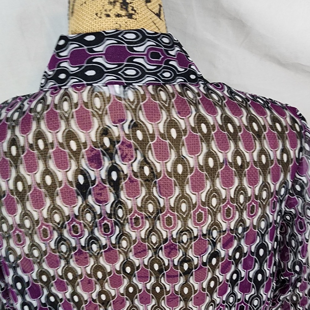 NICOLA Size Med Sheer Geometric Print Chiffon Flare Sleeve Office Casual Blouse - Picture 9 of 13